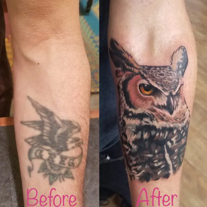 Cover-up / redo — before & after — tattoo by Anna Carlson