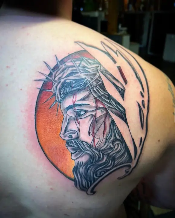 Portrait of Jesus with orange sun — tattoo by Darren Hose'
