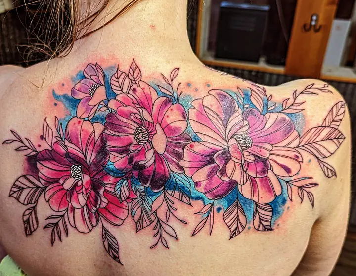 Pink floral back piece — tattoo by Maraya Anderson